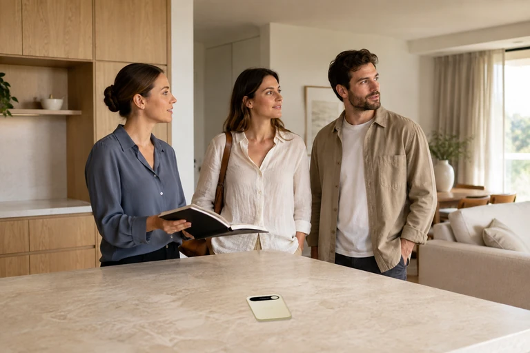 An adviser and two visitors discussing a home walkthrough, with a Light Gold Audream Note on the kitchen island.