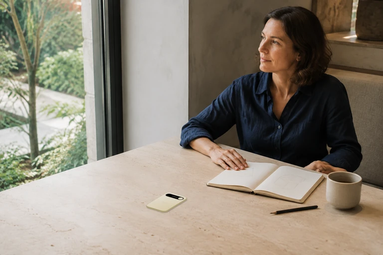 A woman reflecting beside a cafe window, with a Light Gold Audream Note and an open sketchbook on the table.