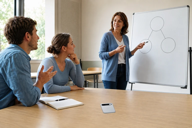 An instructor and two adult learners discussing a simple diagram, with a Silver Audream Note on the classroom desk.