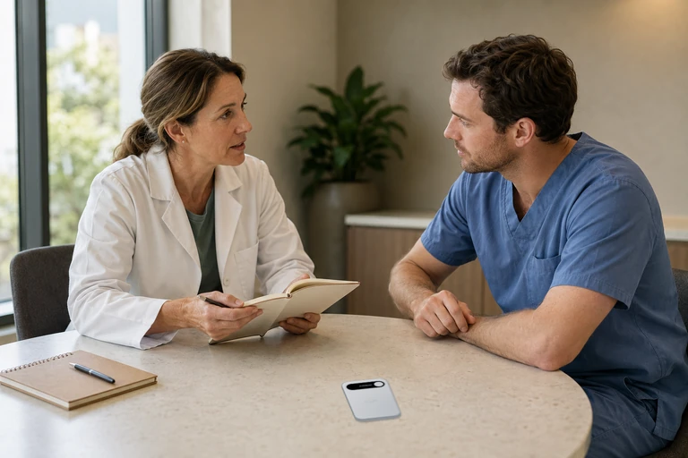 Two healthcare colleagues discussing a staff training notebook, with a Silver Audream Note on the table and no patient information.