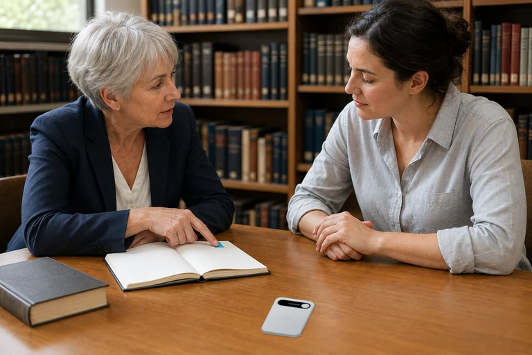 Two adults reviewing a professional learning notebook in a library, with a Silver Audream Note on the table.