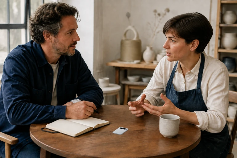 An interviewer listening to a ceramic artist, with a Silver Audream Note on the table between them.