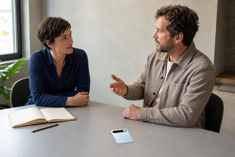 Two people discussing customer needs across a meeting table, with a Sky Blue Audream Note beside an open notebook.