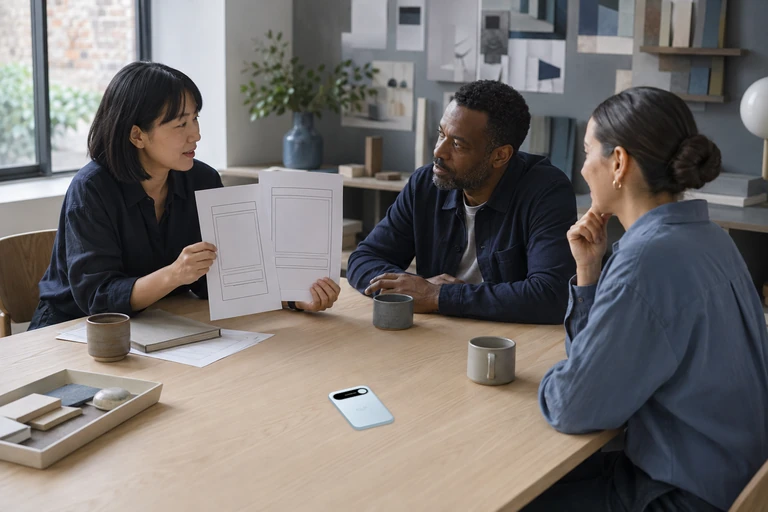 Three colleagues reviewing paper interface sketches in a design studio, with a Sky Blue Audream Note on the meeting table.
