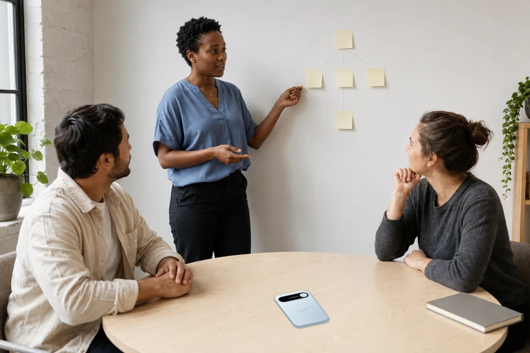 A facilitator and two colleagues discussing a workshop diagram, with a Sky Blue Audream Note on the meeting table.
