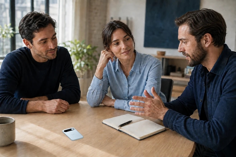 Three colleagues talking around a table with a Sky Blue Audream Note beside their notebook.